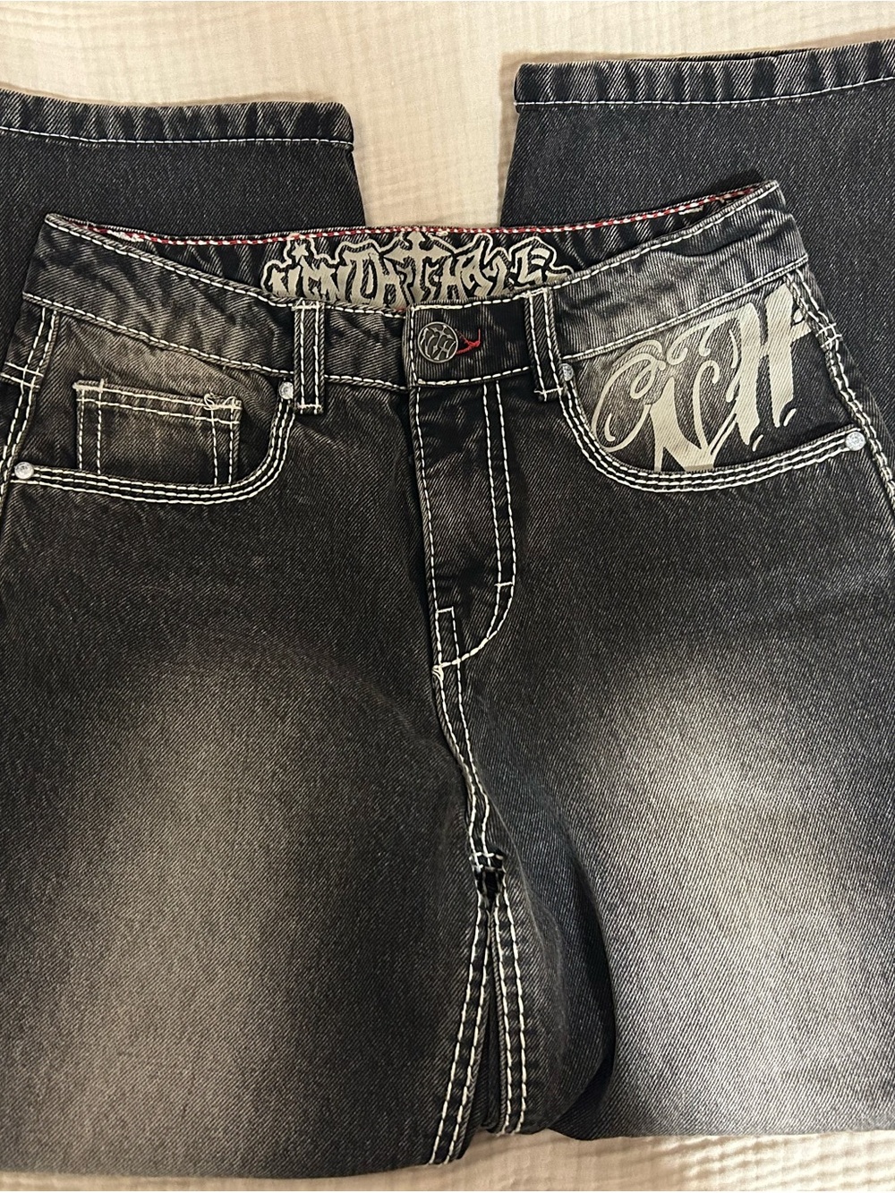 Unisex Black Washed Graphic Stitch Jeans